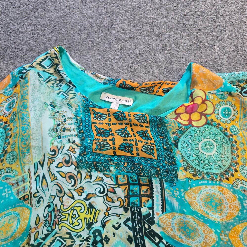 Tempo Paris Top Womens Size Small Green Patchwork Silk Short Sleeve Sheer Lined - Picture 2 of 10